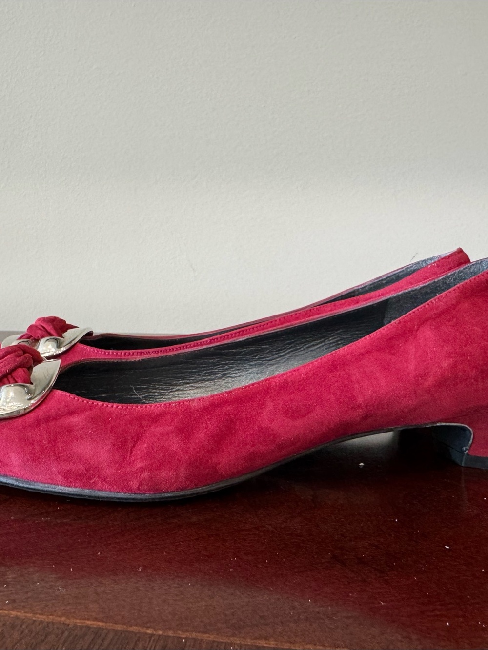 Stuart Weitzman Burgundy Suede Bow Accent Low Heels